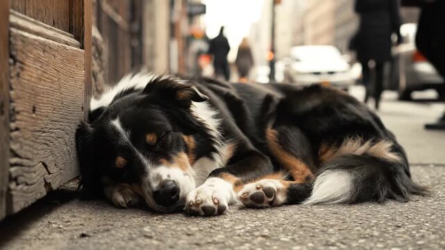 Dog sleeps in city doorway, oblivious to street life