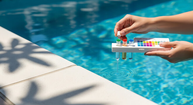Person holding a pool water testing kit near a swimming pool on a sunny day.