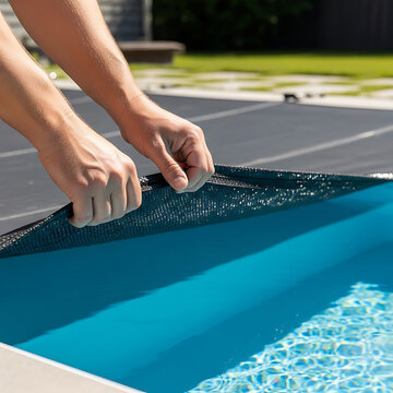 Person installing a protective cover on a swimming pool outdoors.
