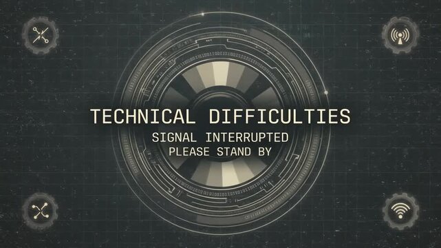 Futuristic Interface Display Showing Signal Interrupted Technical Difficulties Screen