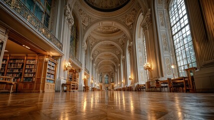 Obraz premium Wide Library Interior Showcases High Ceiling, Soft Lighting, and Elegant Architecture With Perspective Lines Inviting Quiet Study Moments