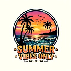 Obraz premium Tropical Beach Sunset Illustration with Palm Trees and Summer Vibes Only Quote for T-Shirt Design.