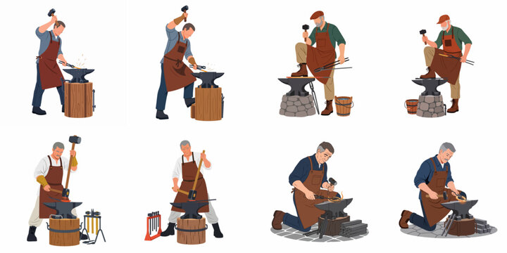Collection of blacksmith illustrations showing craftsmen working with metal, hammering on anvils in various poses on a white background