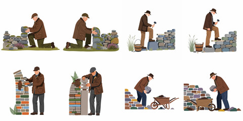 Set of eight illustrations depicting a senior craftsman building traditional dry stone walls, showcasing various poses, tools, and construction techniques in a rural setting. © Nadhirotul