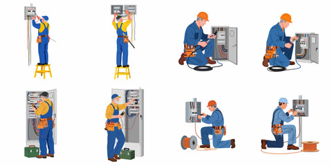 Fototapeta premium Professional electricians in various poses installing and repairing electrical panels with tools, cable reels, and safety equipment isolated on white background.