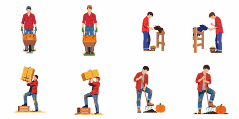 Naklejka premium Illustration set of a young male farmer performing various farm activities including harvesting pumpkins, feeding cows, and carrying hay bales on white background.