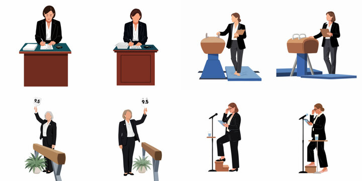 Vector illustration set of female gymnastics judges and officials in professional suits, scoring, officiating, and presenting in various sports event scenarios.
