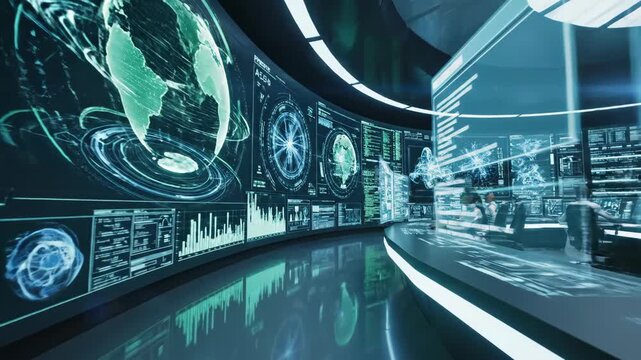 Futuristic ai control room for modern workplace, featuring advanced data analytics on large digital screen for global monitoring