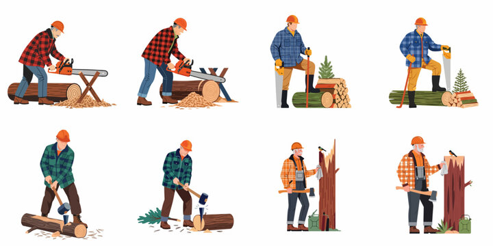 Collection of flat illustrations showing lumberjacks in safety gear sawing, splitting, and processing wood logs with various forestry tools on a white background.