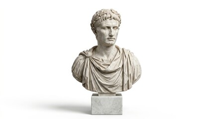 Obraz premium Ancient roman emperor marble bust statue with laurel wreath, a classic sculpture against a clean white background.