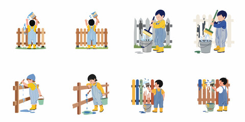 Fototapeta premium Collection of illustrations showing a young boy in striped overalls painting and cleaning a wooden fence with brushes and buckets on white background.
