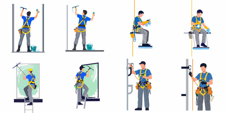 Collection of professional window cleaners in safety harnesses working at heights on buildings, flat vector illustration set.