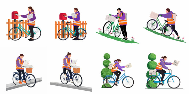 Flat Vector Illustration Set of a Female Newspaper Delivery Person on a Bicycle Performing Various Tasks in a Suburban Neighborhood Environment.