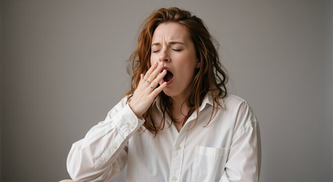 Tired young woman yawning with eyes closed. Exhausted female in white shirt covering mouth with hand