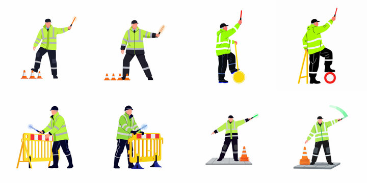 Set of flat illustrations of traffic controllers in high-visibility safety vests directing road traffic using various tools like wands and cones.