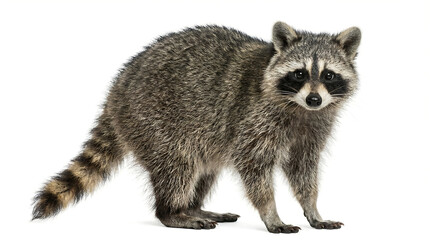 Fototapeta premium Cute raccoon walking on white background wildlife animal portrait close up 4k Generative AI