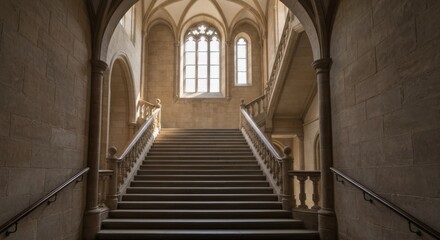 Obraz premium Stone stairway in a historic hall. Sunlight streams through arched windows