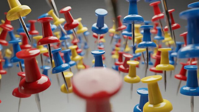 Colorful Plastic Push Pins Floating and Dancing in Zero Gravity Creative Office Abstract 4K