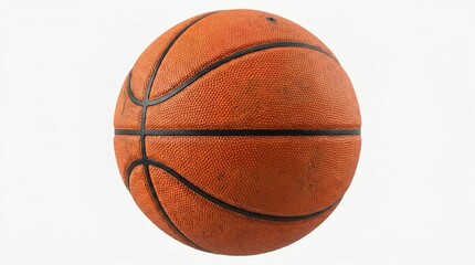 Fototapeta premium A close-up, top-down studio shot of a classic orange basketball with black lines, isolated on a clean white background, highlighting its texture and form.