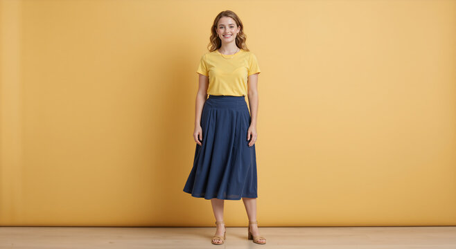 Smiling young woman standing in studio. Full body portrait of female model in yellow t-shirt and navy blue midi skirt. Casual summer fashion on yellow background