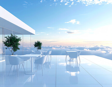 Minimal sky cafe with white terrace and clouds horizon 白いテラスのミニマルな天空カフェと雲の水平線

