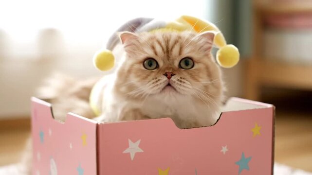 Adorable fluffy cat wearing a colorful jester hat sitting inside a pink decorated box