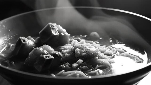 Close-up of a steaming bowl of noodles with pork ribs, shot in black and white, capturing a warm and appetizing meal