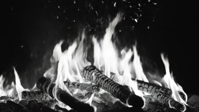 Black and white close up of burning wood in a fireplace with crackling flames and sparks flying upwards in slow motion