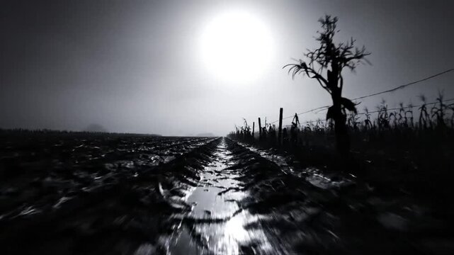 Spooky black and white perspective of a muddy path leading to an unknown point under a bright sun