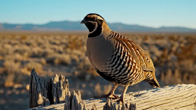 California Quail on a weathered fence with desert landscape in the background during golden hour