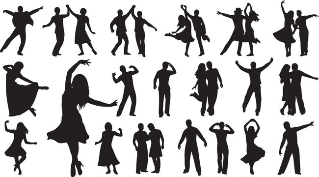Silhouettes of people dancing and posing in various styles