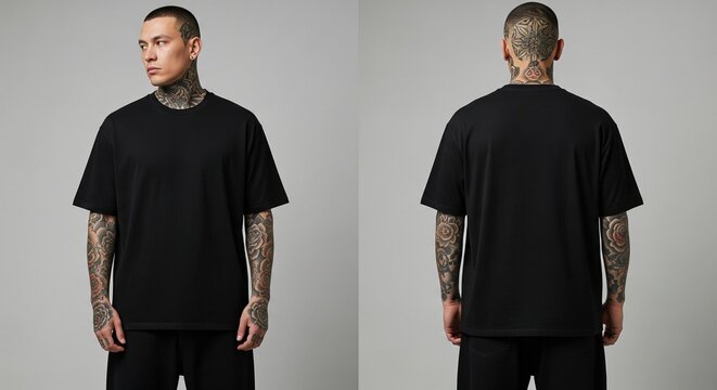 Man in black oversized t-shirt with tattoos modeling the front and back of casual streetwear fashion against neutral background