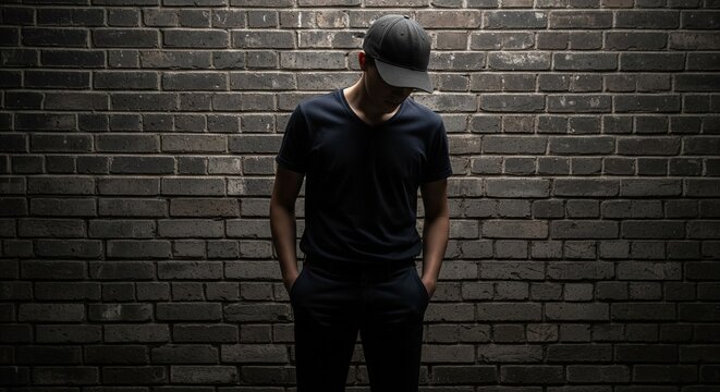 Man in black t-shirt and cap stands against dark brick wall head down in contemplation moody lighting mysterious urban scene