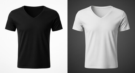 Naklejka premium Men's v-neck t-shirt mockup in black and white; showcasing blank apparel design for fashion templates and product display against a neutral background