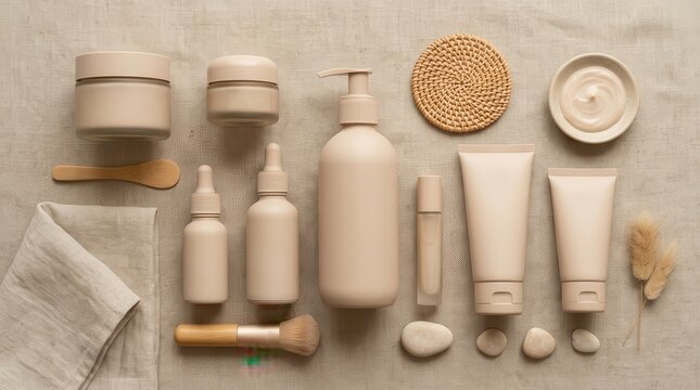 Aesthetic flat lay of natural skincare products arranged on a textured beige background, showcasing a serene and minimalist beauty concept.