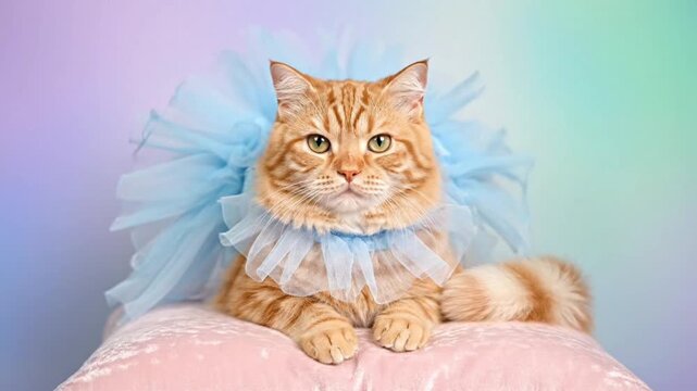 Adorable ginger cat in a blue ruffled costume sitting on a pink cushion