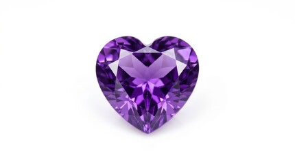 Fototapeta premium A vibrant, heart-shaped amethyst gemstone, expertly cut and polished, showcasing its deep purple hues and sparkling facets against a clean white background.