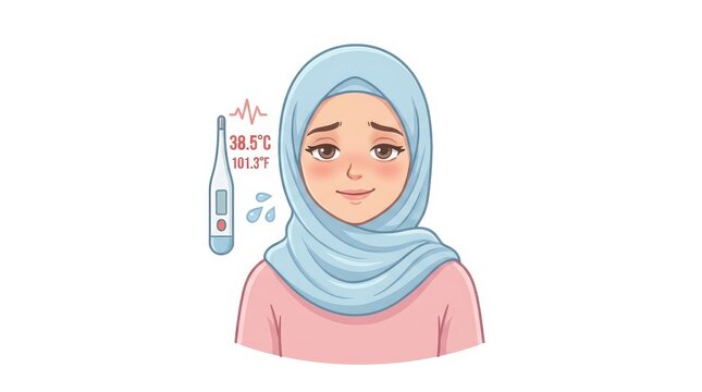 A young muslim woman wearing a light blue hijab looks unwell with a fever, indicated by a thermometer showing 38.5&deg;c and sweat droplets, in a simple, clean illustration style.