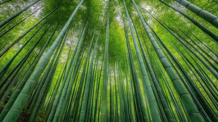 Fototapeta premium A realistic photo of a bamboo forest with tall green stalks reaching towards the sky, bathed in soft morning light