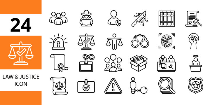 Law and justice icons: court, crime, legal, police, rights symbols graphic set, prison bar