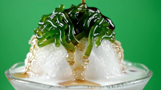 Detailed Ultra HD Cinematic Food Commercial of Malaysian Cendol Dessert with Coconut Milk and Syrup on Green Screen Background