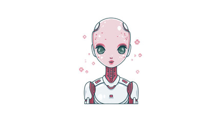 Fototapeta premium Vibrant green-eyed female android illustration, futuristic robot technology portrait, artificial intelligence concept art