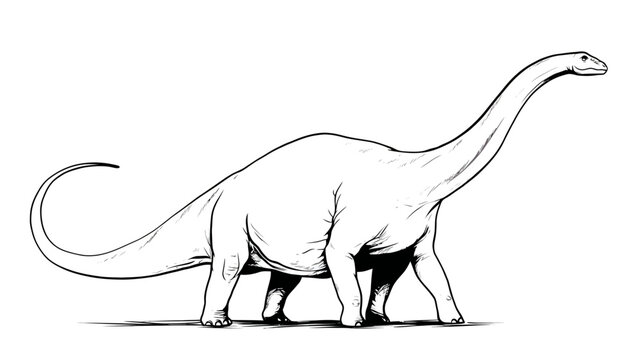 Black and white line art illustration of a large long-necked dinosaur (sauropod) on a white background, prehistoric animal sketch