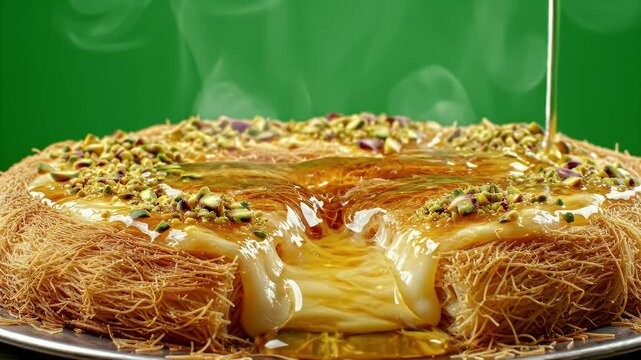 Ultra Detailed Cinematic Food Commercial Video of Turkish Kunefe Dessert with Golden Syrup Drizzle and Pistachios on Green Background