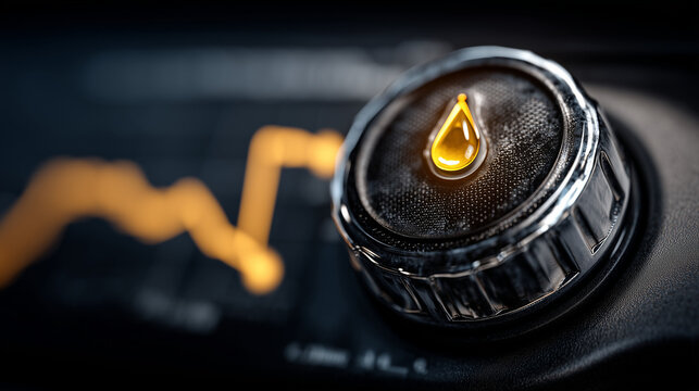 Fuel Gauge Elegance: An abstract shot showcasing a close-up of a fuel gauge, presenting a polished metallic control dial with a glistening drop symbol against a dark backdrop.