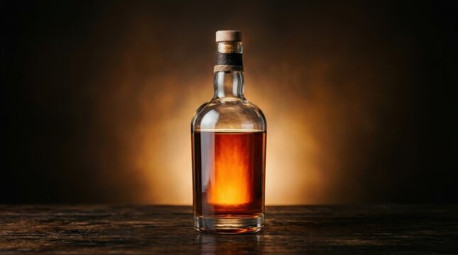 A clear glass bottle filled with amber liquid, possibly whiskey or brandy, is centrally placed on a dark wooden surface against a warm, glowing, and moody brown background.