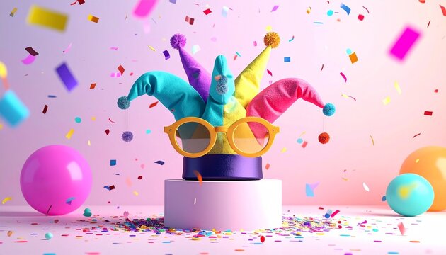 Cute April Fools' Day Character with Jester Hat and Glasses on Pink Podium, Creative Party Celebration Concept with Confetti on Pastel Background