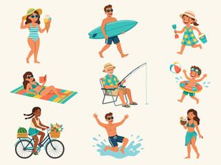 Fototapeta premium A collection of diverse people enjoying various summer and beach activities like surfing, sunbathing, fishing, cycling, and playing in the water.