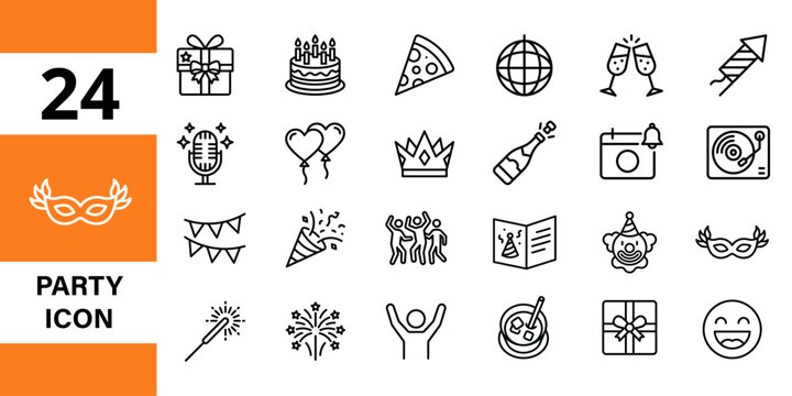 Party and celebration icons set: birthday, holidays, fun, music, travel, gifts, balloons, fireworks, party popper