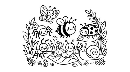 Smiling insect friends in garden scene. © angguk
